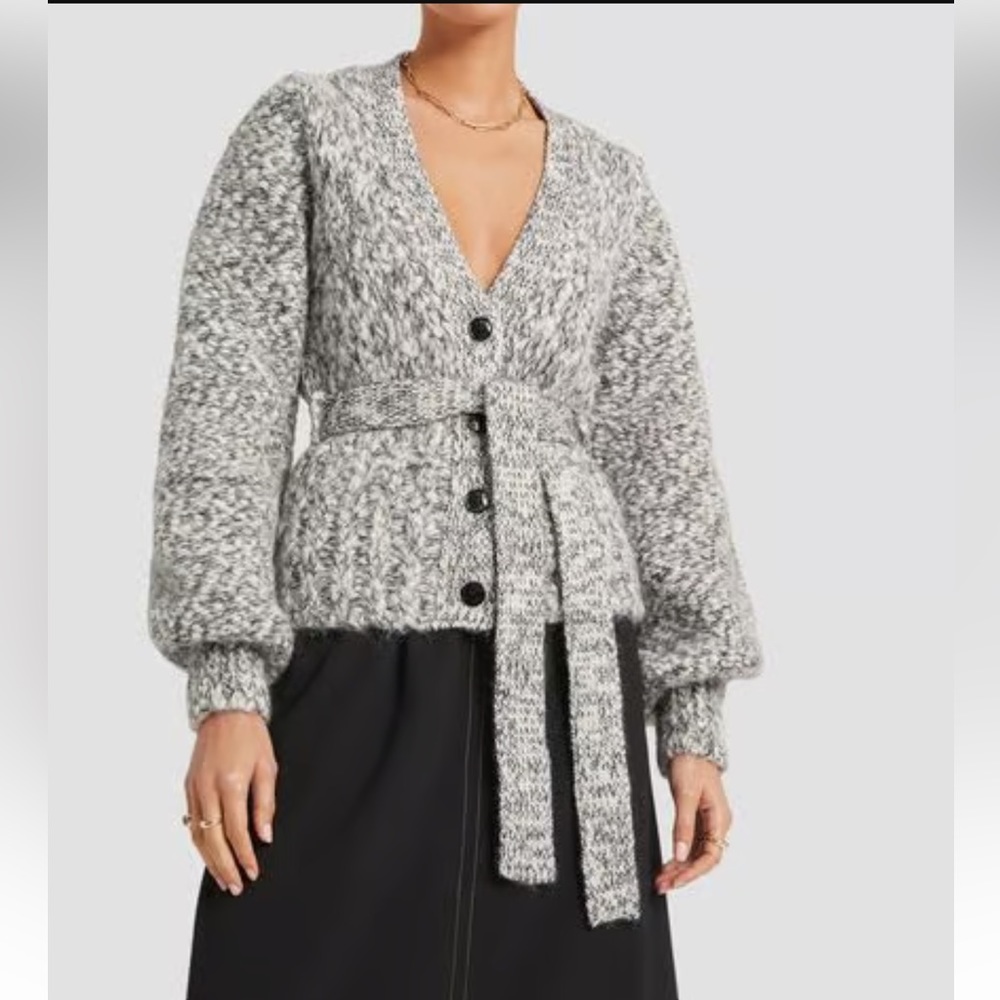 GANNI CHUNKY MOULINE PUFF SLEEVE CARDIGAN